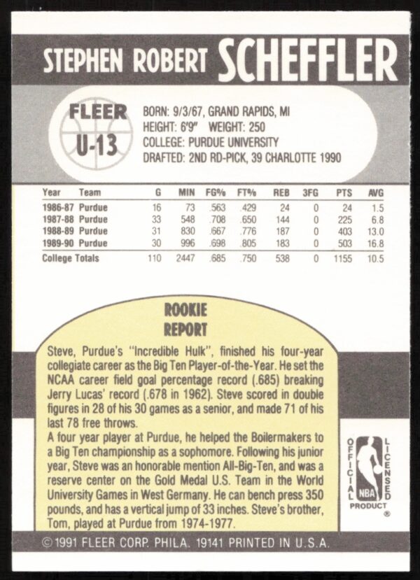 1990-91 Fleer Update Steve Scheffler #U-13 (Back)