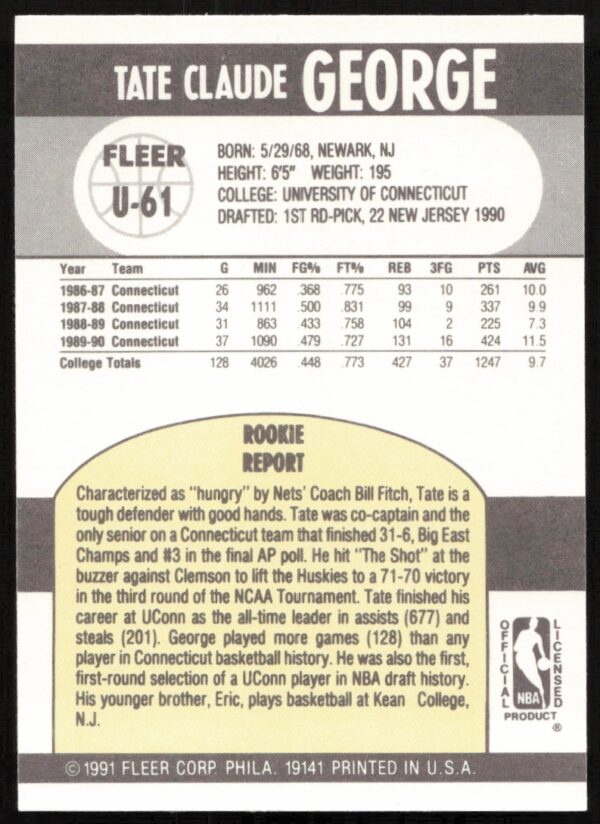 1990-91 Fleer Update Tate George #U-61 (Back)