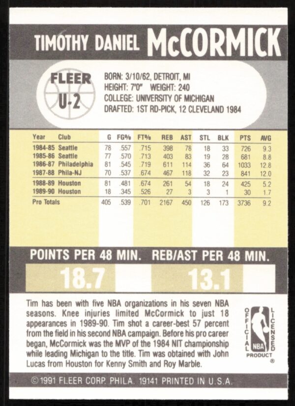 1990-91 Fleer Update Tim McCormick #U-2 (Back)