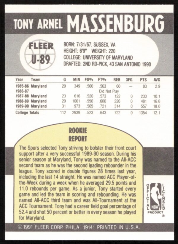 1990-91 Fleer Update Tony Massenburg #U-89 (Back)