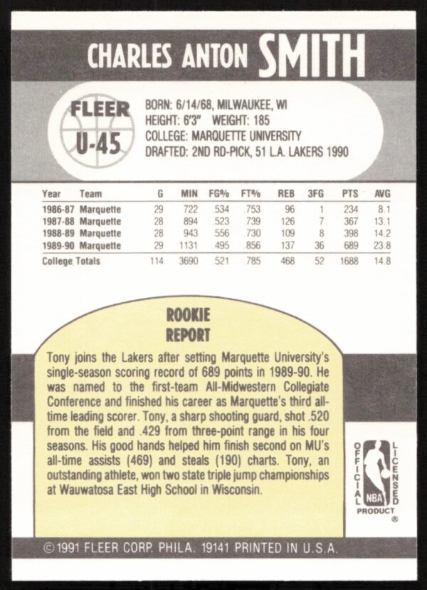 1990-91 Fleer Update Tony Smith #U-45 (Back)