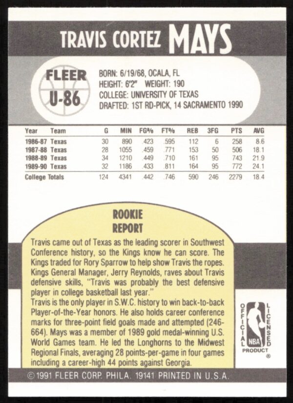 1990-91 Fleer Update Travis Mays #U-86 (Back)