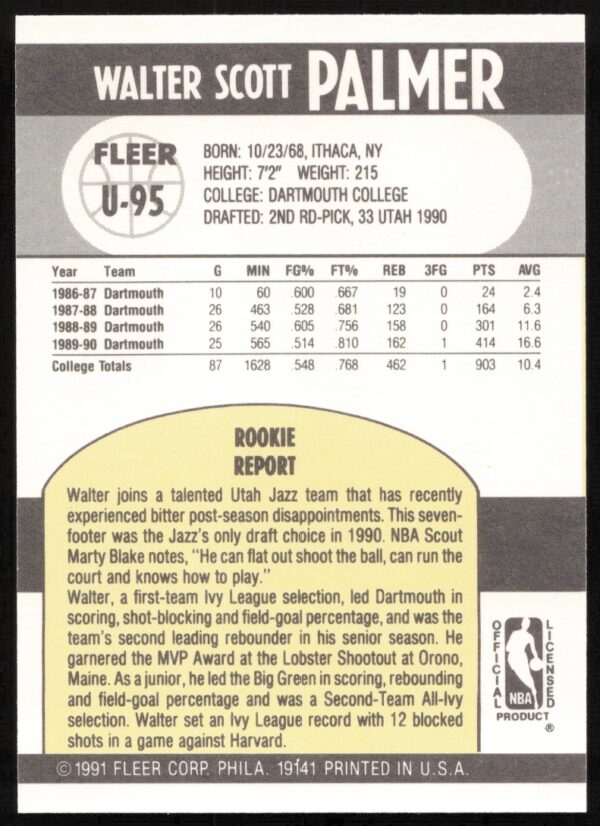 1990-91 Fleer Update Walter Palmer #U-95 (Back)