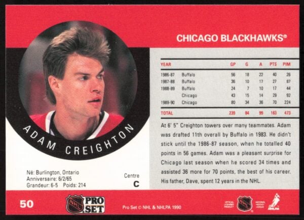 1990-91 Pro Set Adam Creighton #50 (Back)