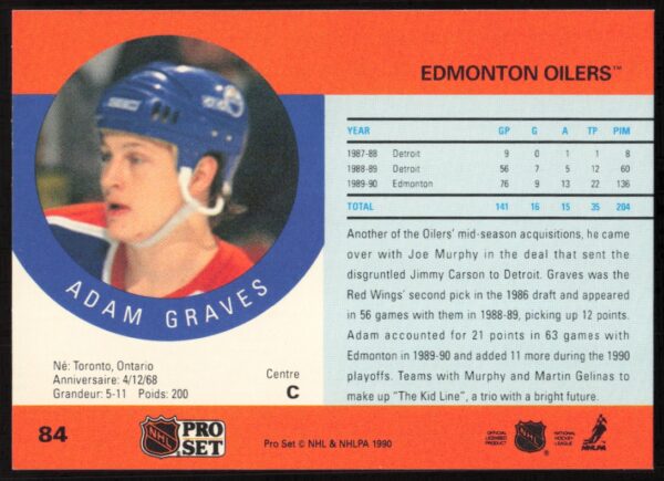 1990-91 Pro Set Adam Graves #84 (Back)