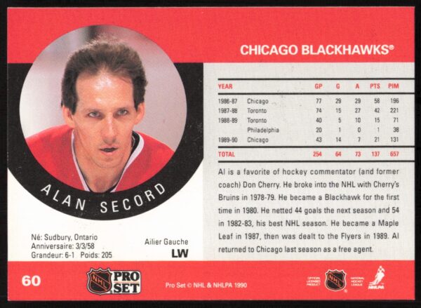 1990-91 Pro Set Al Secord #60 (Error on Back - First Name Misspelled) (Back)