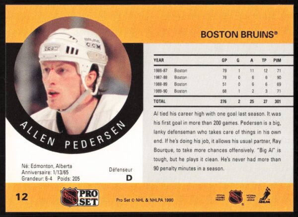 1990-91 Pro Set Allen Pedersen #12 (Back)