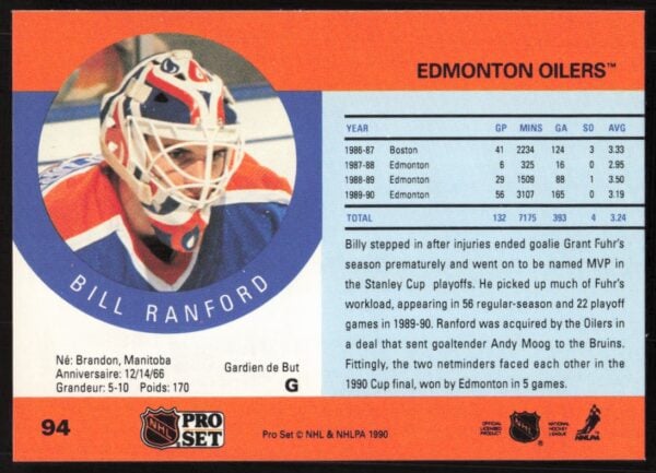 1990-91 Pro Set Bill Ranford #94 (Back)