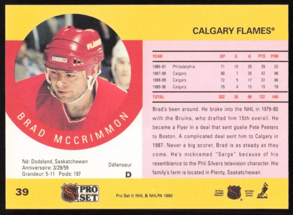 1990-91 Pro Set Brad McCrimmon #39 (Error on Front - Player Number Incorrect) (Back)