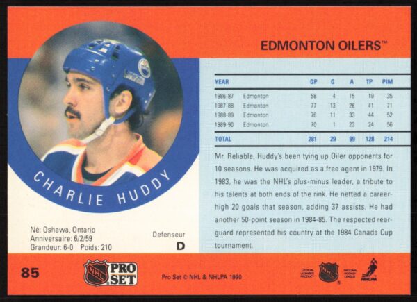 1990-91 Pro Set Charlie Huddy #85 (Back)