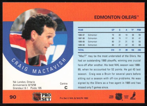 1990-91 Pro Set Craig MacTavish #90 (Back)