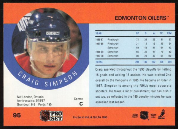 1990-91 Pro Set Craig Simpson #95 (Back)