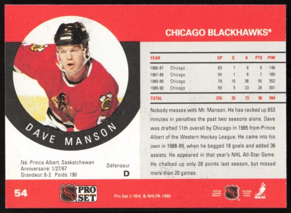 1990-91 Pro Set Dave Manson #54 (Error on Front - Photo Incorrect) (Back)