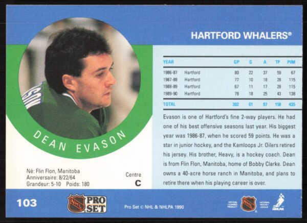 1990-91 Pro Set Dean Evason #103 (Back)