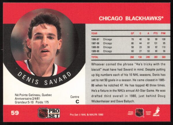 1990-91 Pro Set Denis Savard #59 (Back)