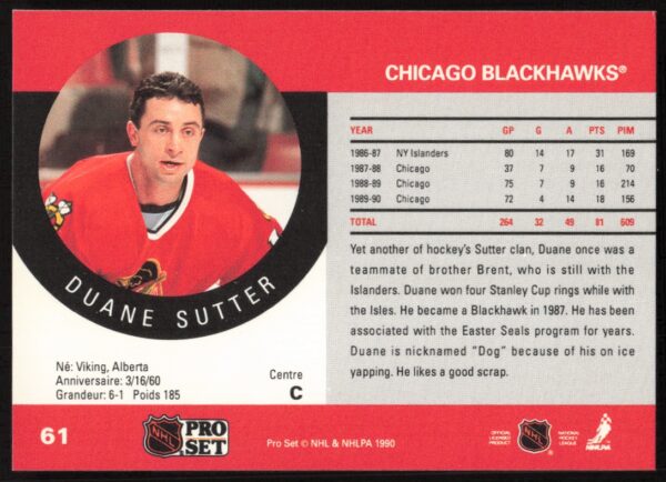 1990-91 Pro Set Duane Sutter #61 (Back)