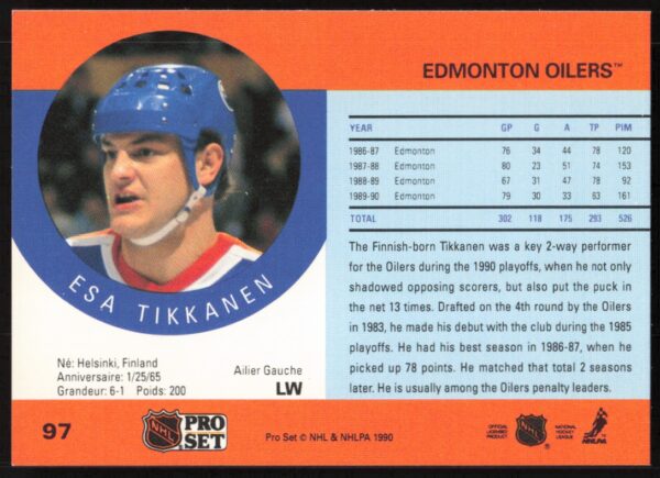 1990-91 Pro Set Esa Tikkanen #97 (Back)