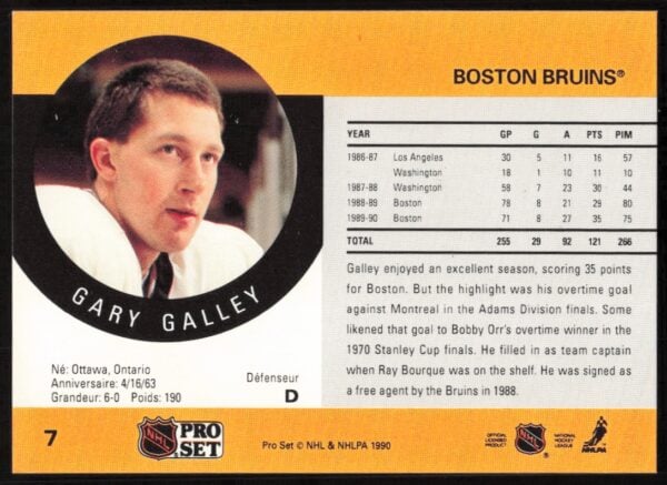 1990-91 Pro Set Garry Galley #7 (Error on Back - First Misspelled) (Back)