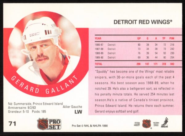 1990-91 Pro Set Gerard Gallant #71 (Back)