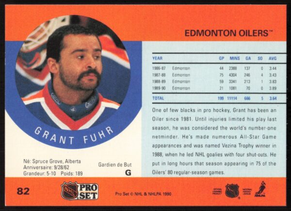 1990-91 Pro Set Grant Fuhr #82 (Back)