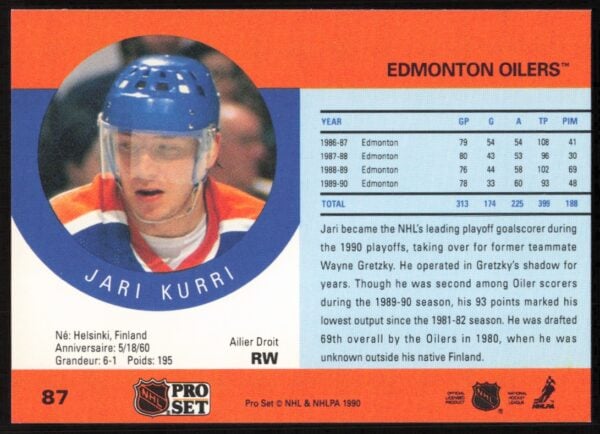 1990-91 Pro Set Jari Kurri #87 (Back)