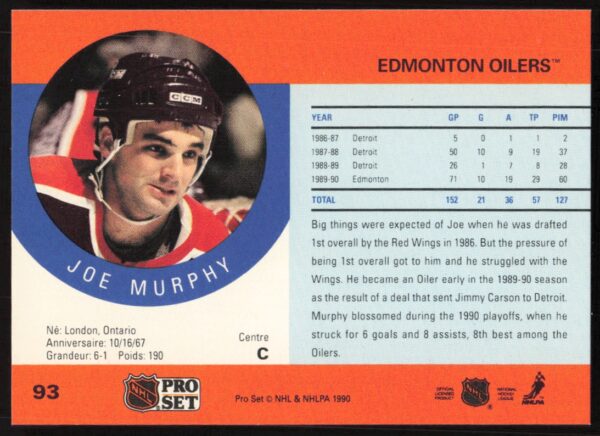 1990-91 Pro Set Joe Murphy #93 (Back)