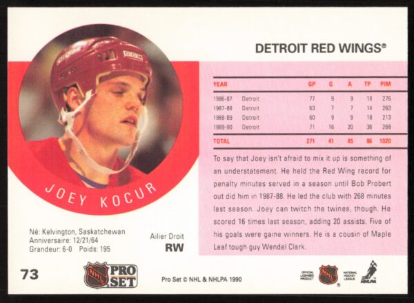 1990-91 Pro Set Joey Kocur #73 (Back)