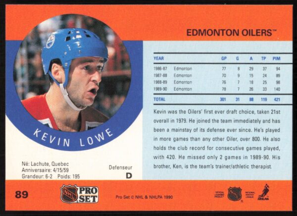 1990-91 Pro Set Kevin Lowe #89 (Back)