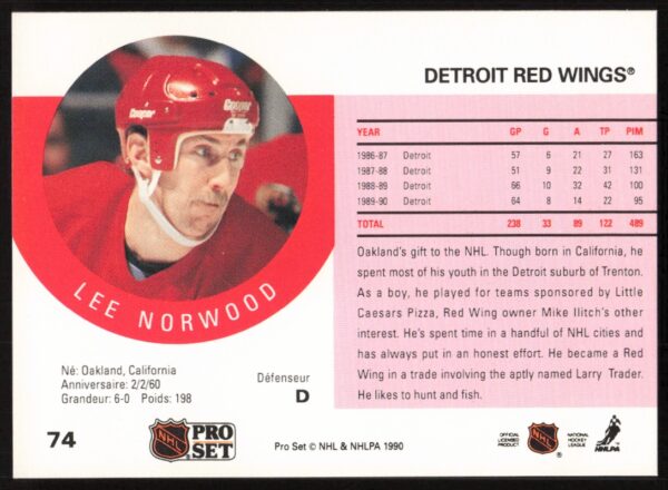 1990-91 Pro Set Lee Norwood #74 (Back)