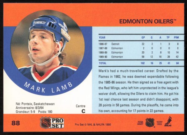 1990-91 Pro Set Mark Lamb #88 (Back)