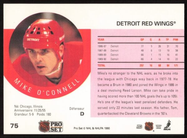 1990-91 Pro Set Mike O'Connell #75 (Back)