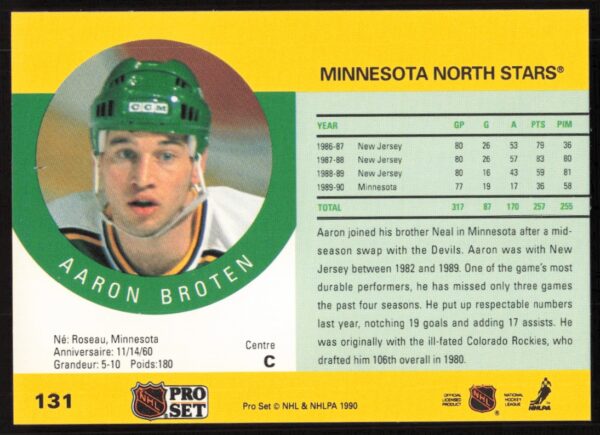 1990-91 Pro Set NHL Aaron Broten #131 (Back)