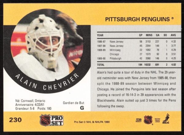 1990-91 Pro Set NHL Alain Chevrier #230 (Back)