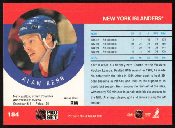 1990-91 Pro Set NHL Alan Kerr #184 (Back)