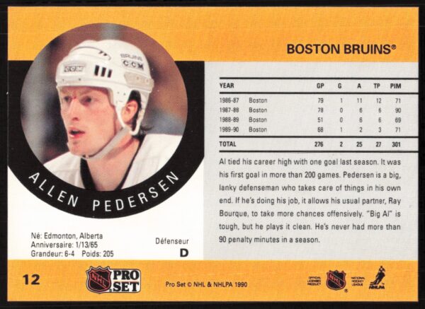 1990-91 Pro Set NHL Allen Pedersen #12 (Back)