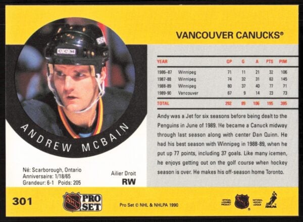 1990-91 Pro Set NHL Andrew McBain (Error on Front - Image Incorrect) #301 (Back)