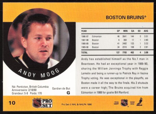 1990-91 Pro Set NHL Andy Moog #10 (Back)
