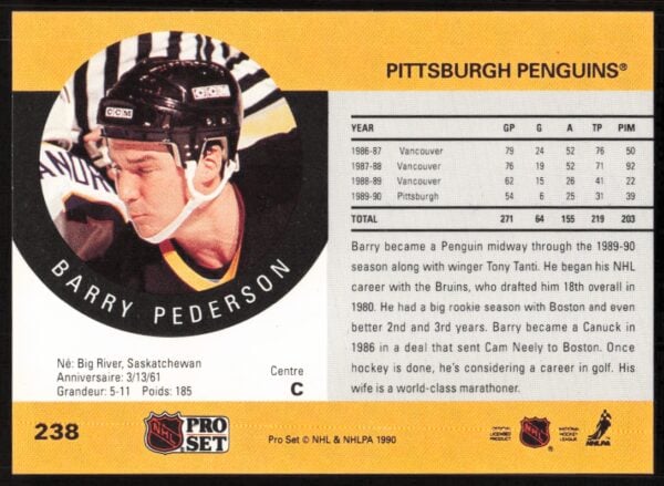 1990-91 Pro Set NHL Barry Pederson #238 (Back)