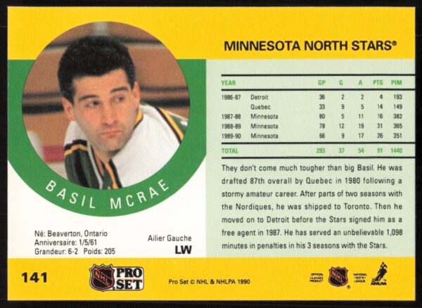 1990-91 Pro Set NHL Basil McRae #141 (Back)