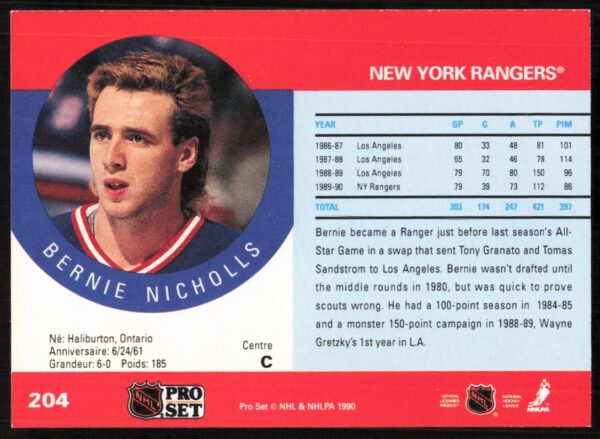 1990-91 Pro Set NHL Bernie Nicholls #204 (Back)