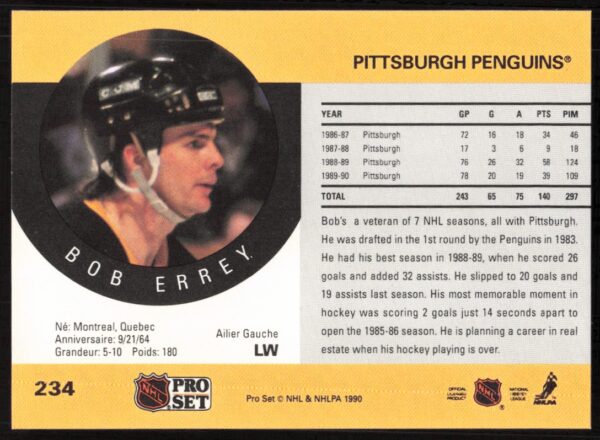 1990-91 Pro Set NHL Bob Errey #234 (Back)