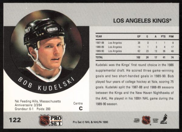 1990-91 Pro Set NHL Bob Kudelski #122 (Back)