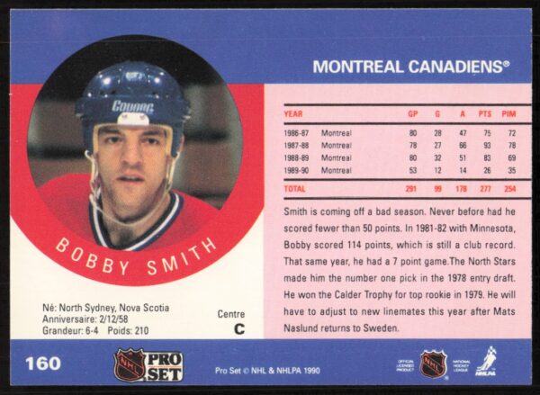 1990-91 Pro Set NHL Bobby Smith #160 (Back)