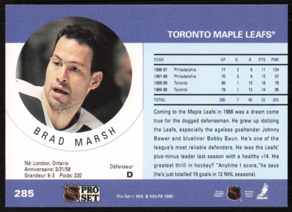 1990-91 Pro Set NHL Brad Marsh #285 (Back)