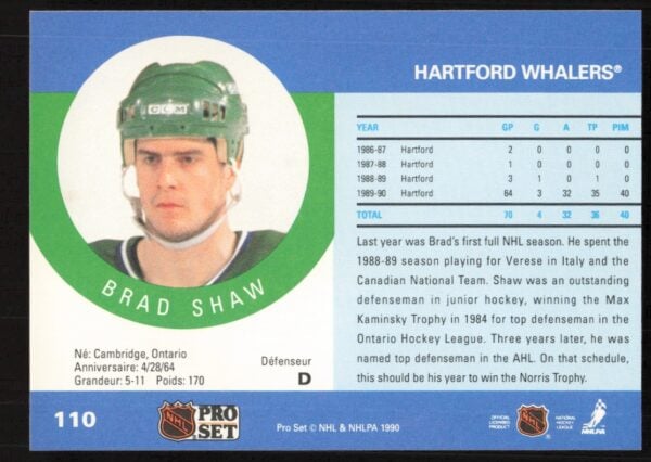 1990-91 Pro Set NHL Brad Shaw #110 (Back)