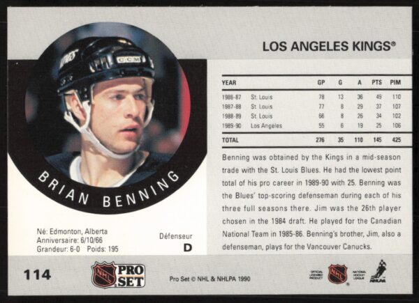 1990-91 Pro Set NHL Brian Benning #114 (Back)