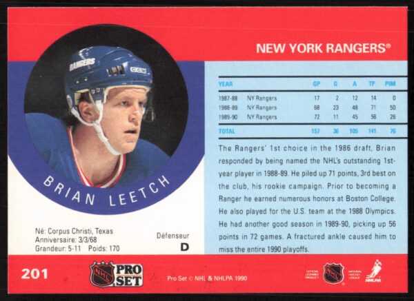 1990-91 Pro Set NHL Brian Leetch #201 (Back)