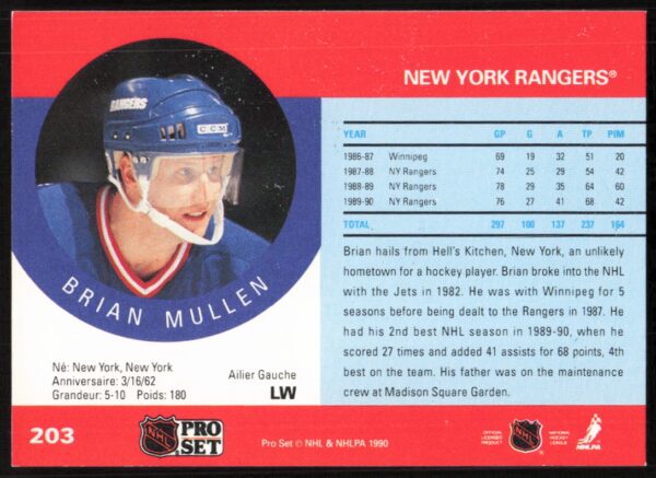 1990-91 Pro Set NHL Brian Mullen #203 (Back)