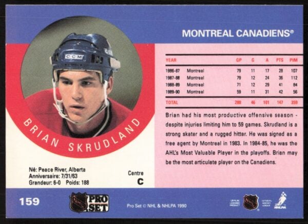 1990-91 Pro Set NHL Brian Skrudland #159 (Back)