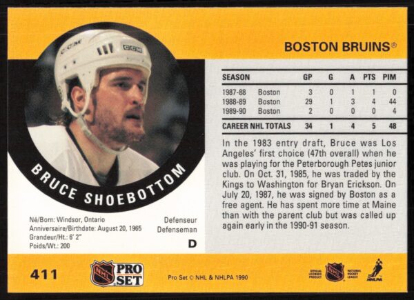 1990-91 Pro Set NHL Bruce Shoebottom #411 (Back)